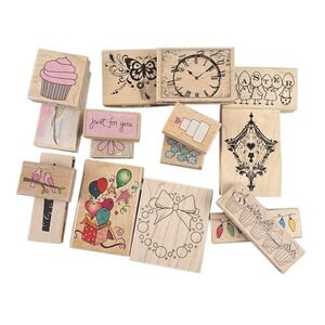16 Wood Mounted Rubber Stamps Lot Mixed Designs Cupcake Butterfly Easter